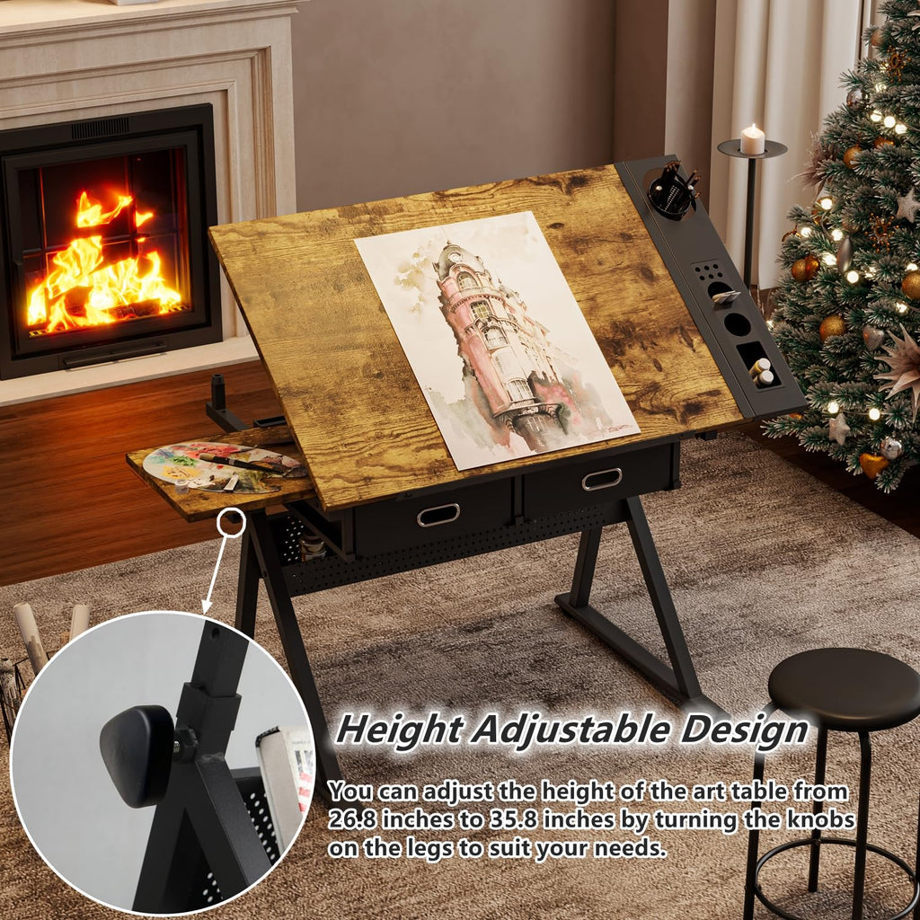 Drafting Table, Height Adjustable Art Table with Stool,T1-All White
