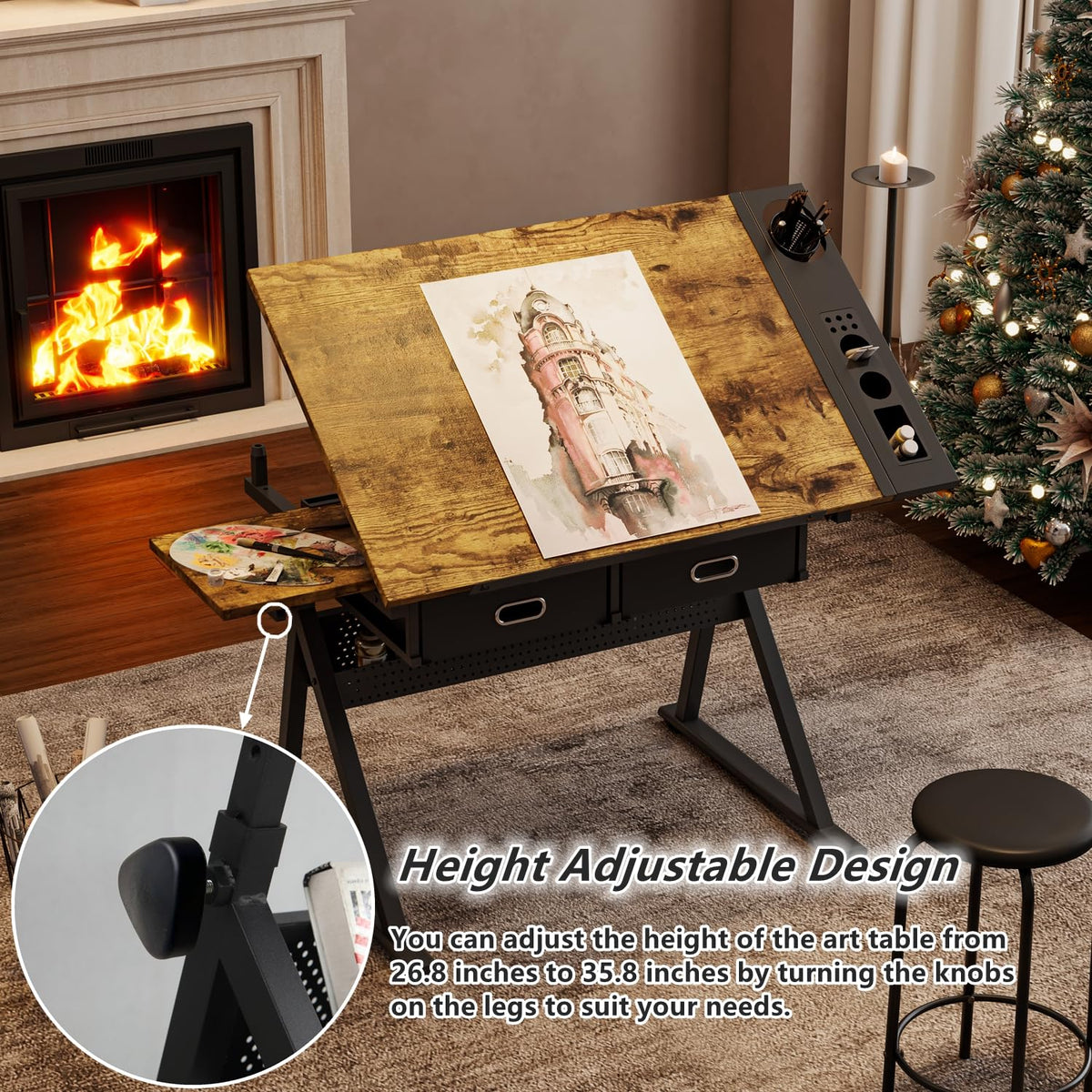 Drafting Table, Height Adjustable Art Table with Stool,T1-All White