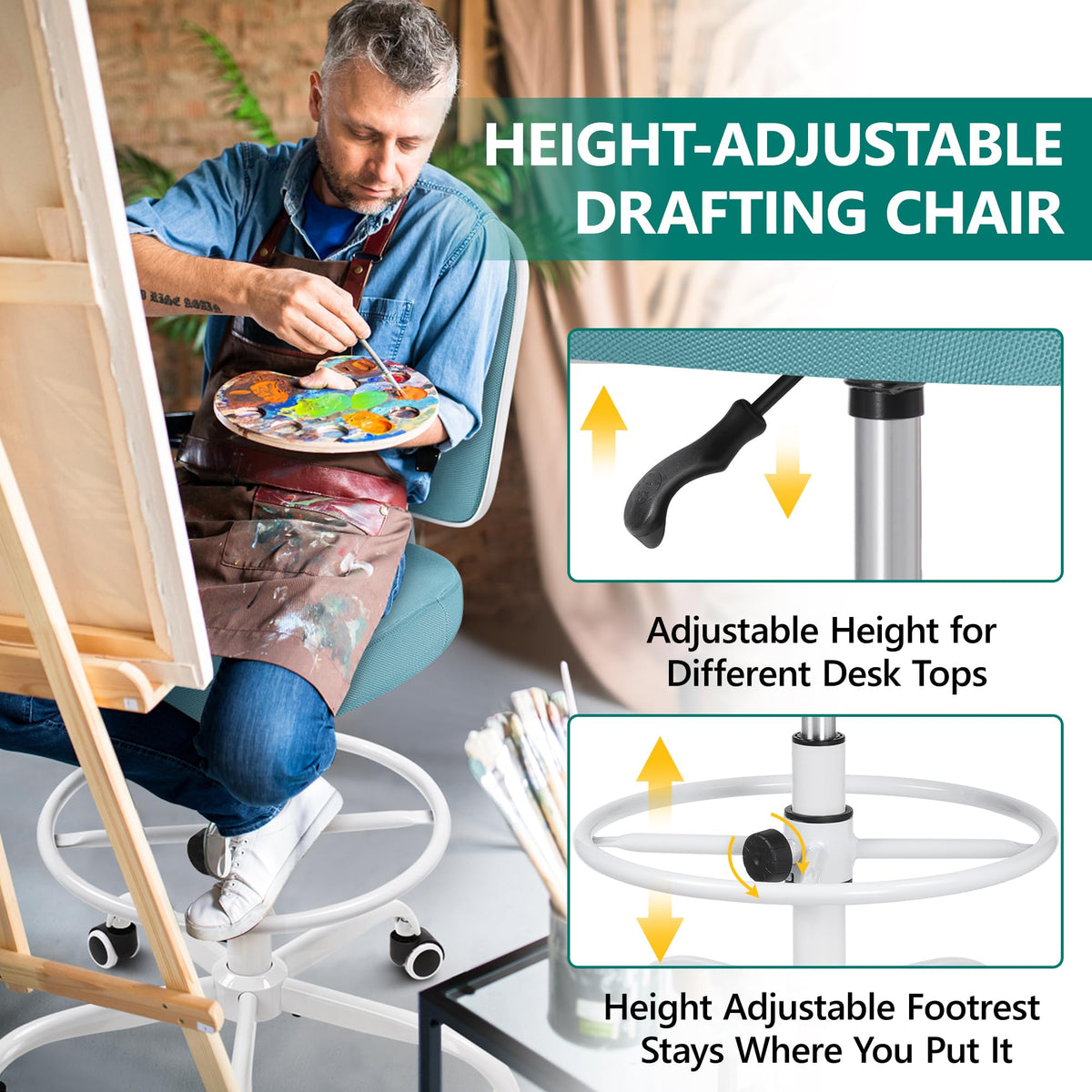 Primy Tall Drafting Desk Chair - Armless, Adjustable Height, Mesh Back, Rolling, Standing Desk Chair for Art Room, Office or Home (Black)