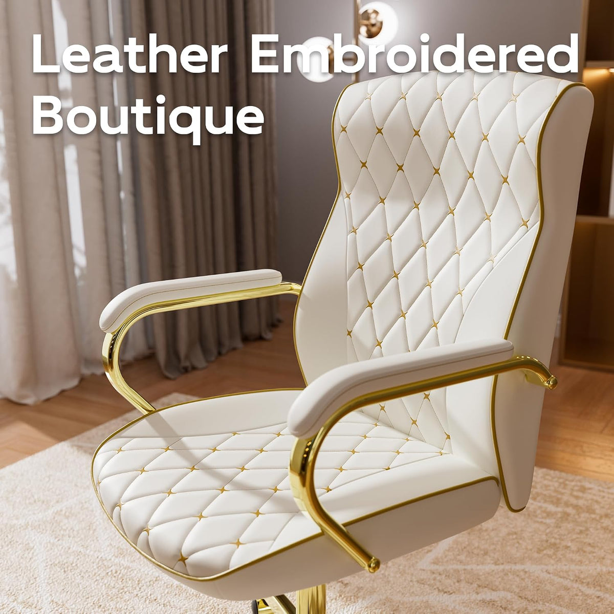 HomeZeer White and Gold Office Chair, Luxury Leather Executive Desk Chair