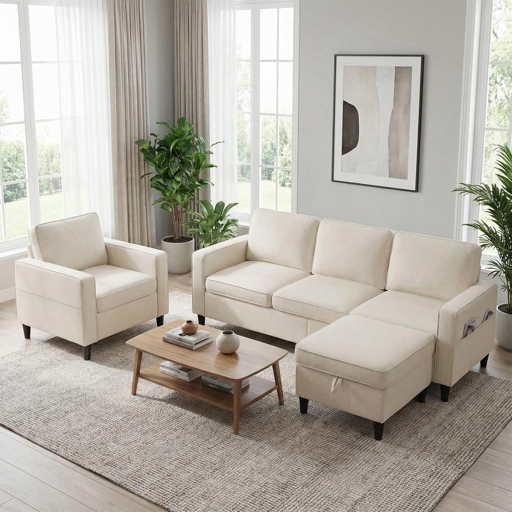 Mjkone 78"W 3 Pieces Sofa Couches Set for Living Room Sets Furniture, Sectional L Shaped 3-Seater Small Sofas Couch and Loveseat Sets with Storage Ottoman and Side Pockets for Home Office, Light Gray
