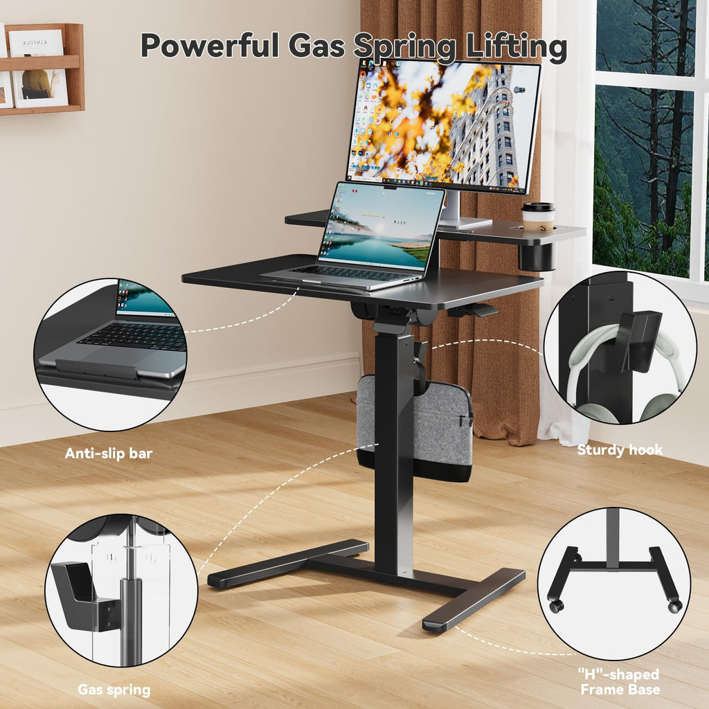 28" Mobile Standing Desk, Tiltable Top with 2-Tier Shelves, White