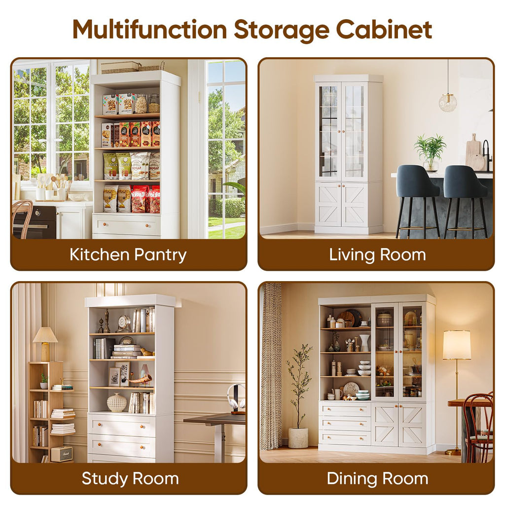 Vyre 71" Tall Farmhouse Bookshelves with Drawers, Set of 3 â Large Modular Bookcase with Adjustable Shelves, Storage Cabinet for Living Room, Kitchen, Home Office, Brown