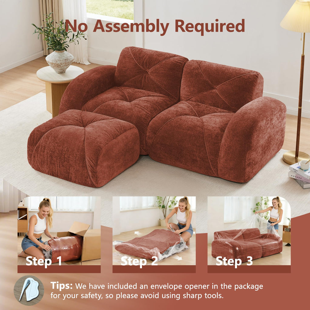 80" Sectional Modular Cloud Couch, Boneless Couch, Loveseat Red
