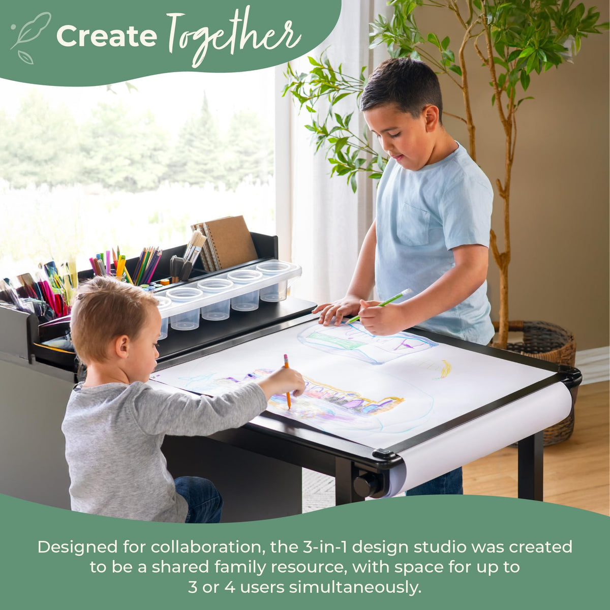 Guidecraft Design Studio â Black: 3-in-1 Kids Art Table & Stool Set, Writing, Crafting, Painting & Drafting Table for Kids with Craft Storage & Bins, Art Easel with Paper Roll, Toddler Activity Desk