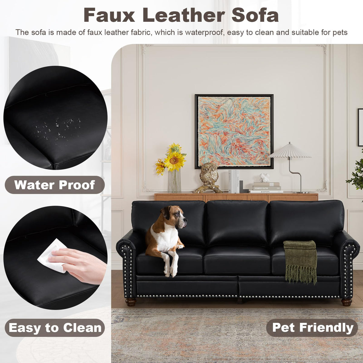 2 Piece Faux Leather Sofa Set,Modern Couch and Loveseat Sets with Storage,Mid Century Couch with Rivet Rolled Arm,Comfy Deep Seat Sofa,Furniture for Living Room,Office(Loveseat+3 Seater,Navy)