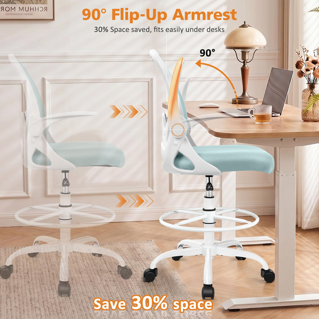 Drafting Chair Tall Office Chair with Flip-up Armrests, Adjustable Height, and Enhanced Lumbar Support - Ergonomic Rolling Stool, Back Support, and Adjustable Foot Rest Ring for Standing Desk White