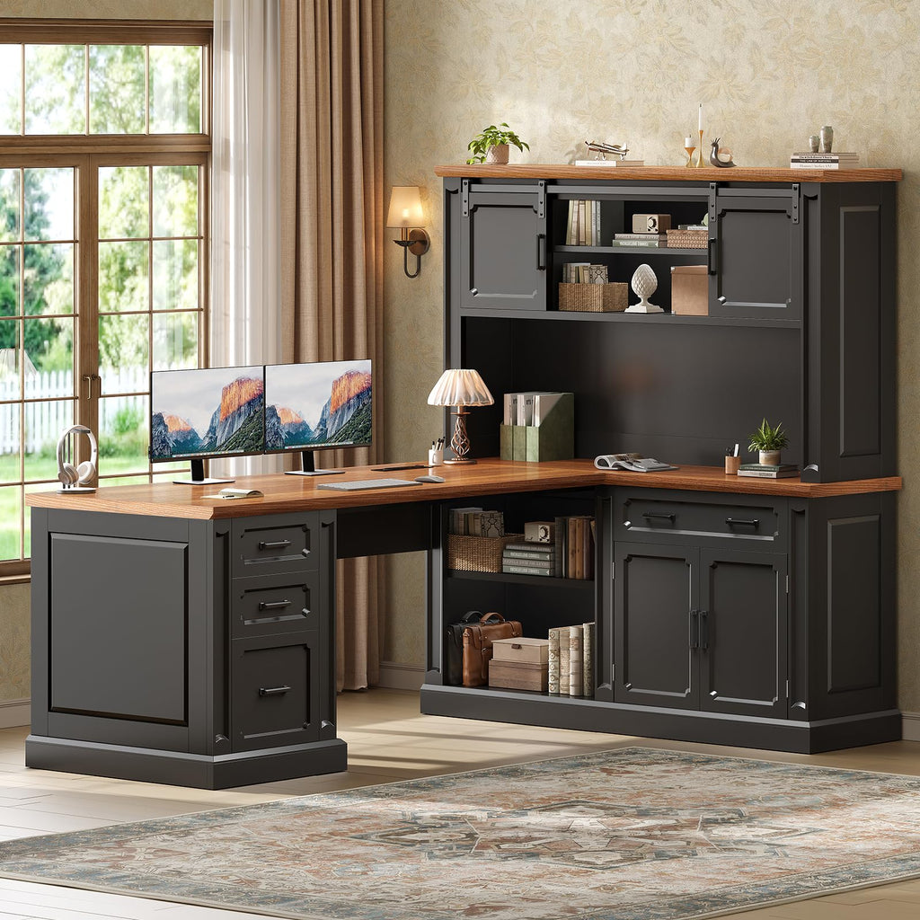 SEDETA Farmhouse 70.9" Executive Desk, Home Office Desk with File Drawers and Storage Cabinet, Computer Desk with Power Outlet for Home Office, Work Study Writing, Black+Brown