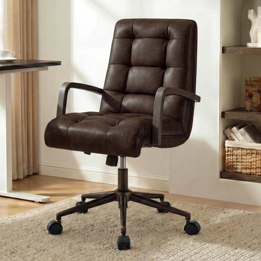 KISLOT Home Office Desk Chair, Ergonomic Office Chair with Lumbar Support, Adjustable Swivel Computer Chair with Wheels, Faux Leather Executive Task Chair with Wood Arms, Set of 2, Brown