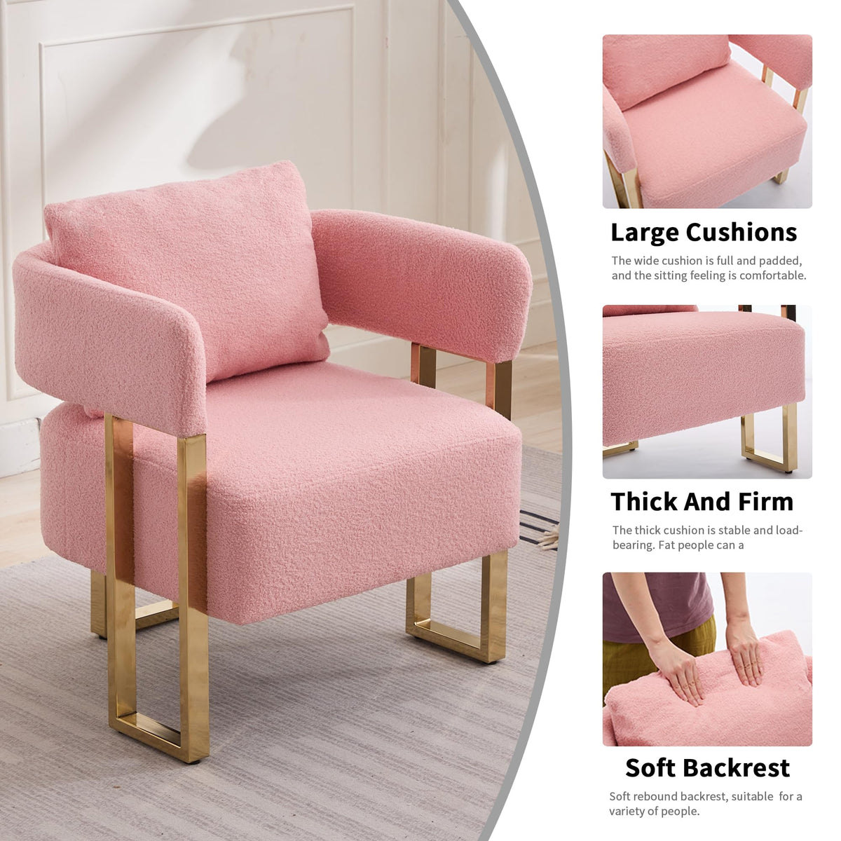 YISHENG Modern Barrel Accent Chairs Set of 2, Living Room Side Chairs with Golden Metal Legs Soft Upholstered Reading Armchairs no Wheels for Vanity/Reception Room//Bedroom/Lounge/Office,Black Teddy