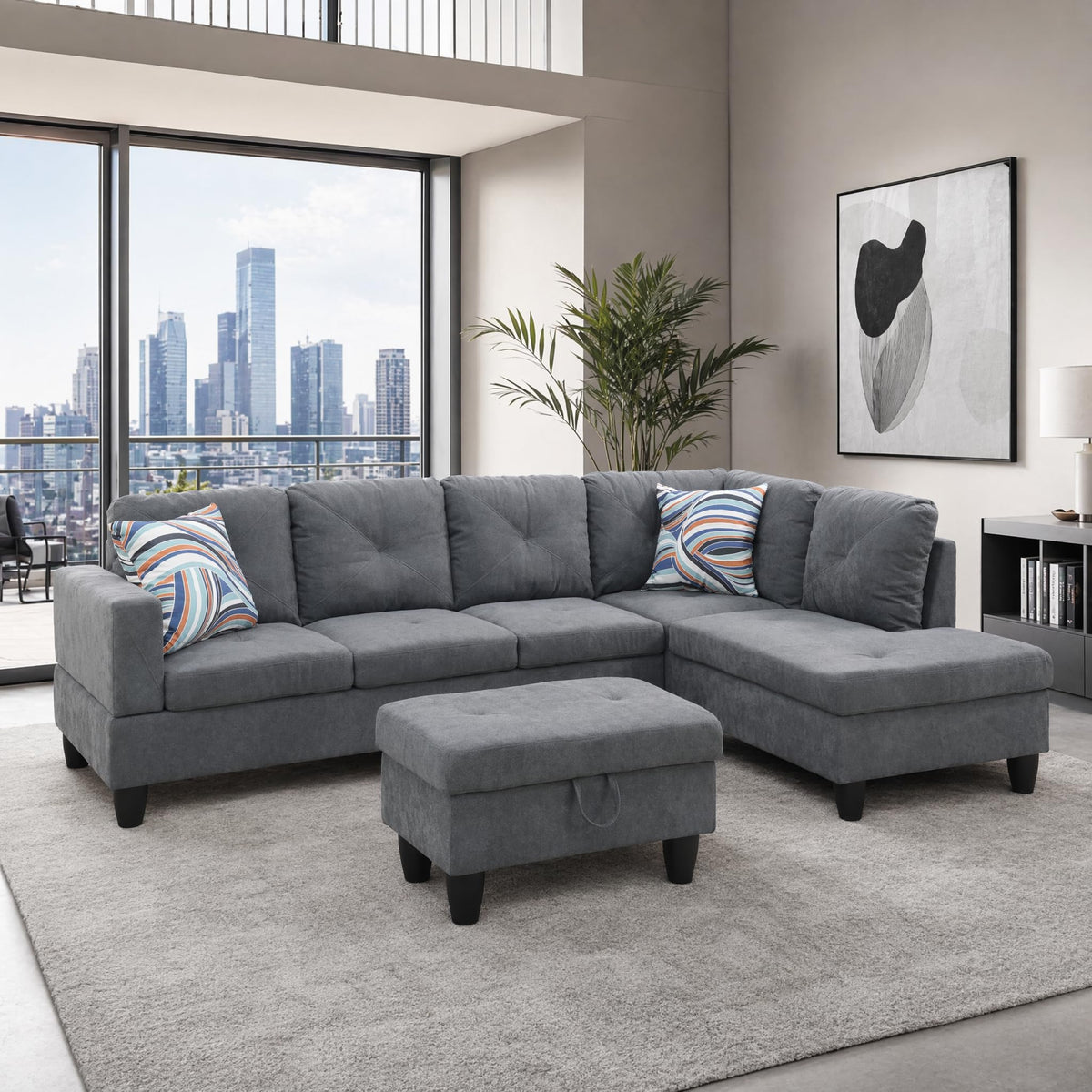 97.5" Leather L Shaped Couch with Left Chaise & Cup Holder, Sectional Sofas Modular Furniture Set with Storage Ottoman, Convertible Couches for Living Room, Office & Small Space (Black)