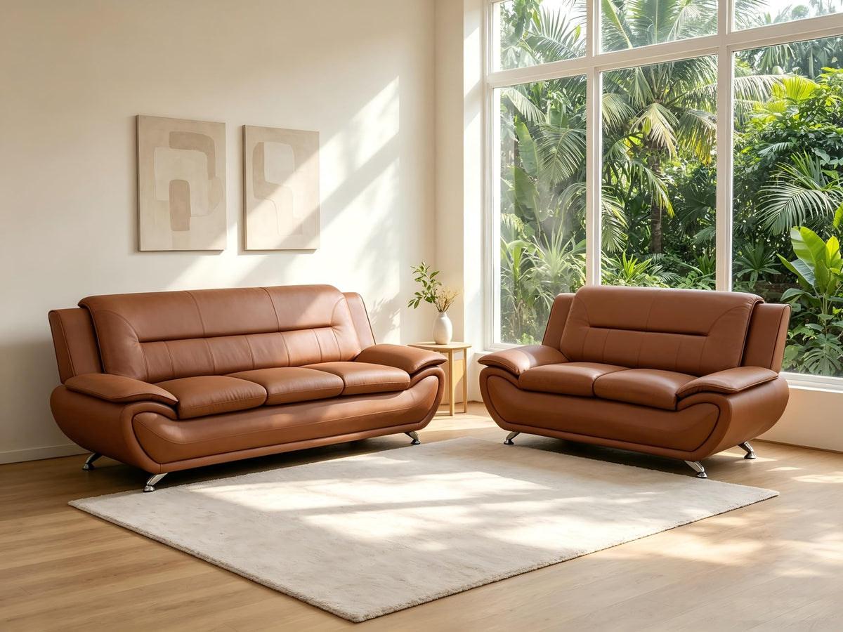 Creamy White Living Room Furniture Set, 2-Piece Modern Faux Leather Couches for Home, Living Room Sofa Sets, 3-Seater Sofa and Loveseat with Metal Feet, Couch Set for Bedroom, Hotel, Office