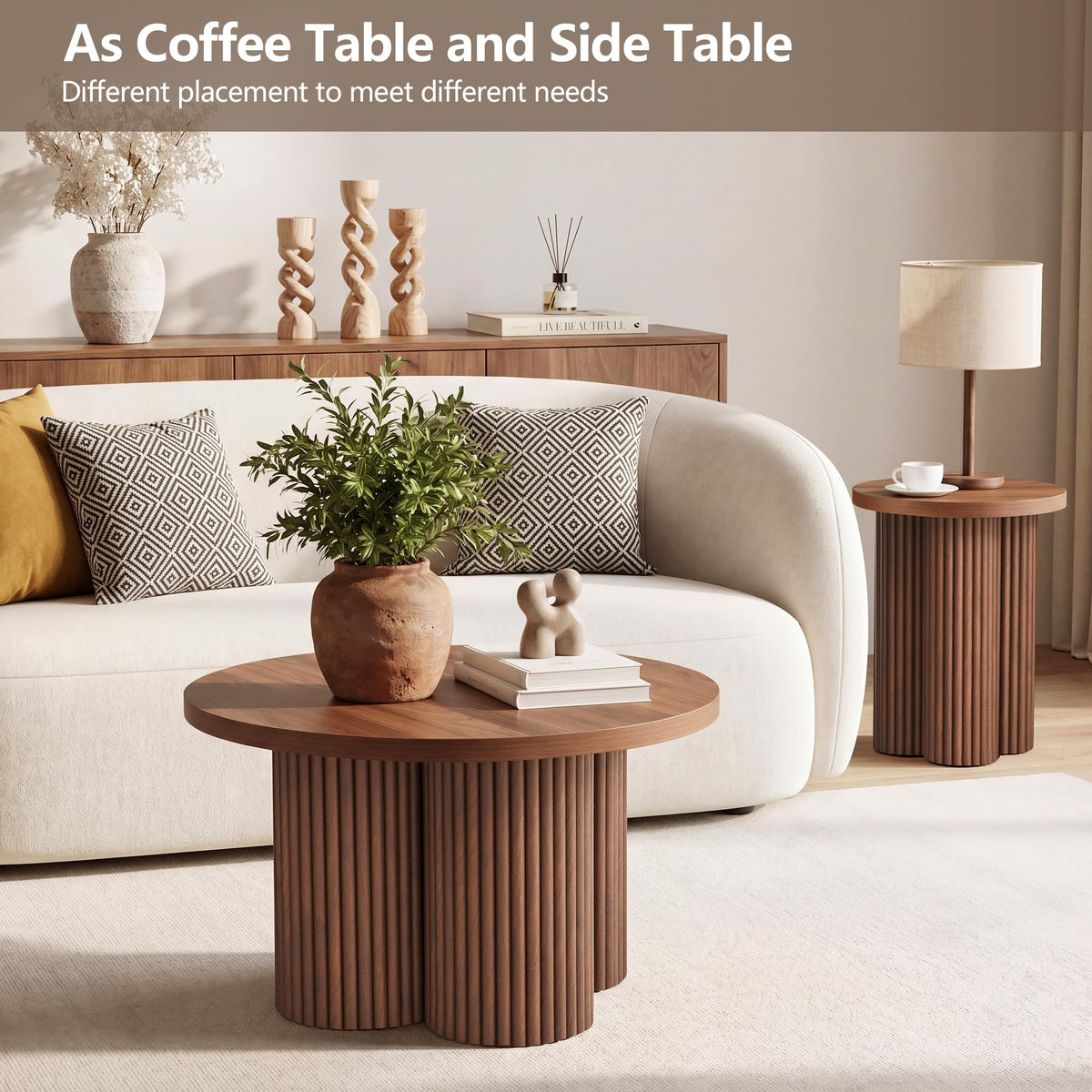 Round Nesting Coffee Table Set of 3 Fluted Coffee Table (Natural)