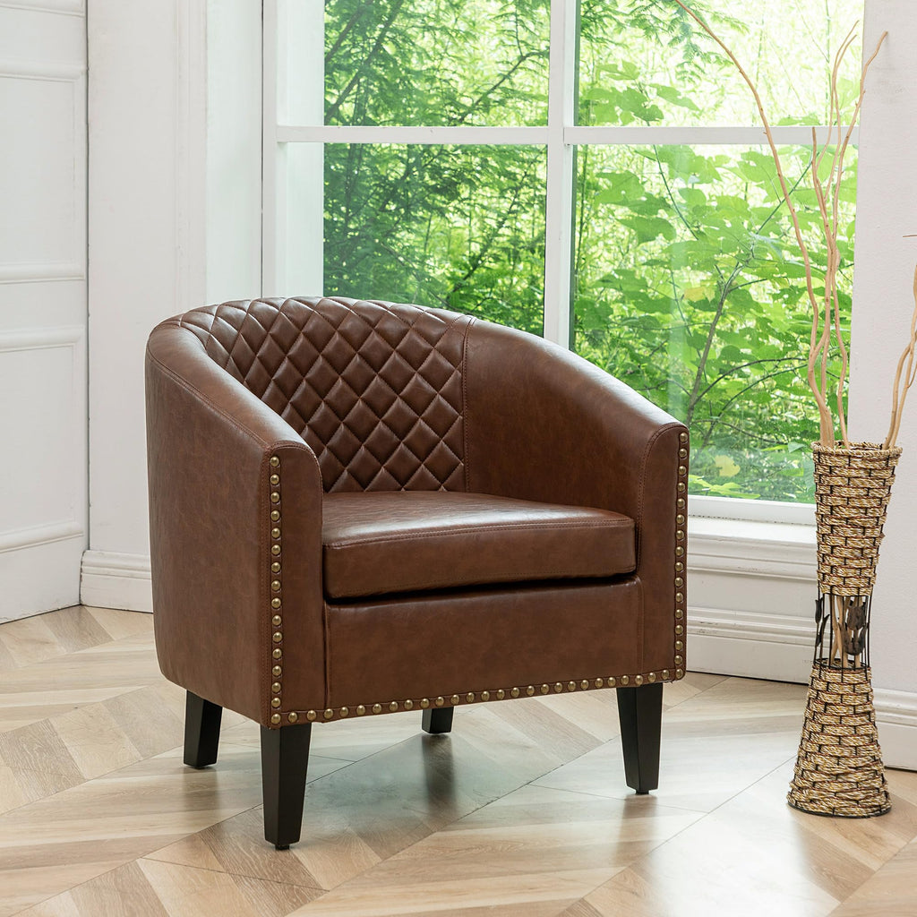 KINWELL 29" W Faux Leather Tufted PU Barrel Club Chairs Set of 2, Black