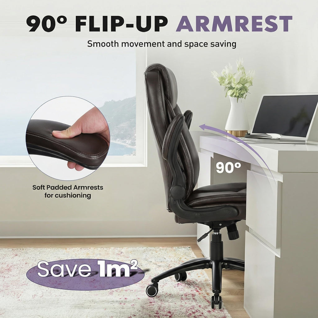 300lbs Capacity Executive Desk Chair with Ergonomic Lumbar Support, Flip-up Arms & High Back Leather Computer Chair for Home/Office, Black