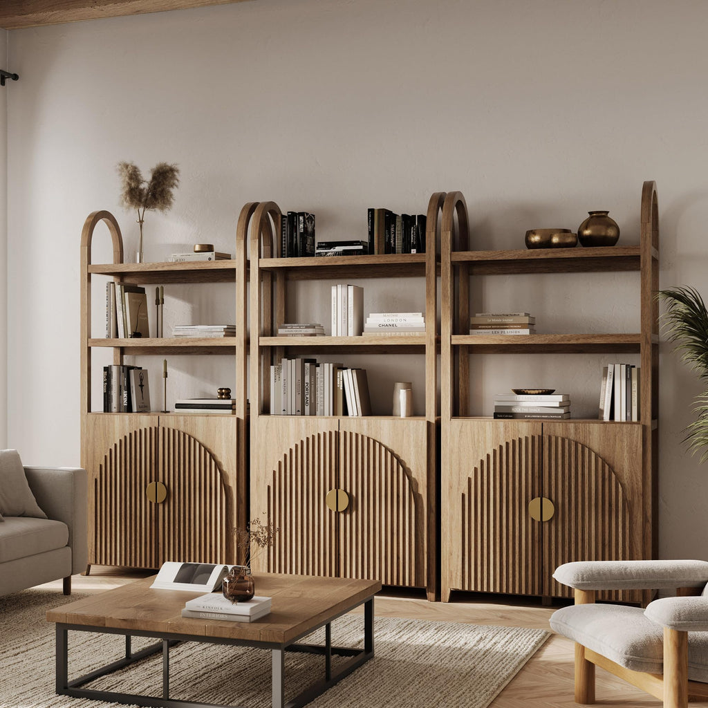 BELLEZE Book Shelf 72" Tall Arched Bookcase with Storage, 5 Tier Mid Century Modern Fluted Bookshelf with Doors, Modular Bookshelves for Living Room Office Library, Set of 2 (Caramel Brown)
