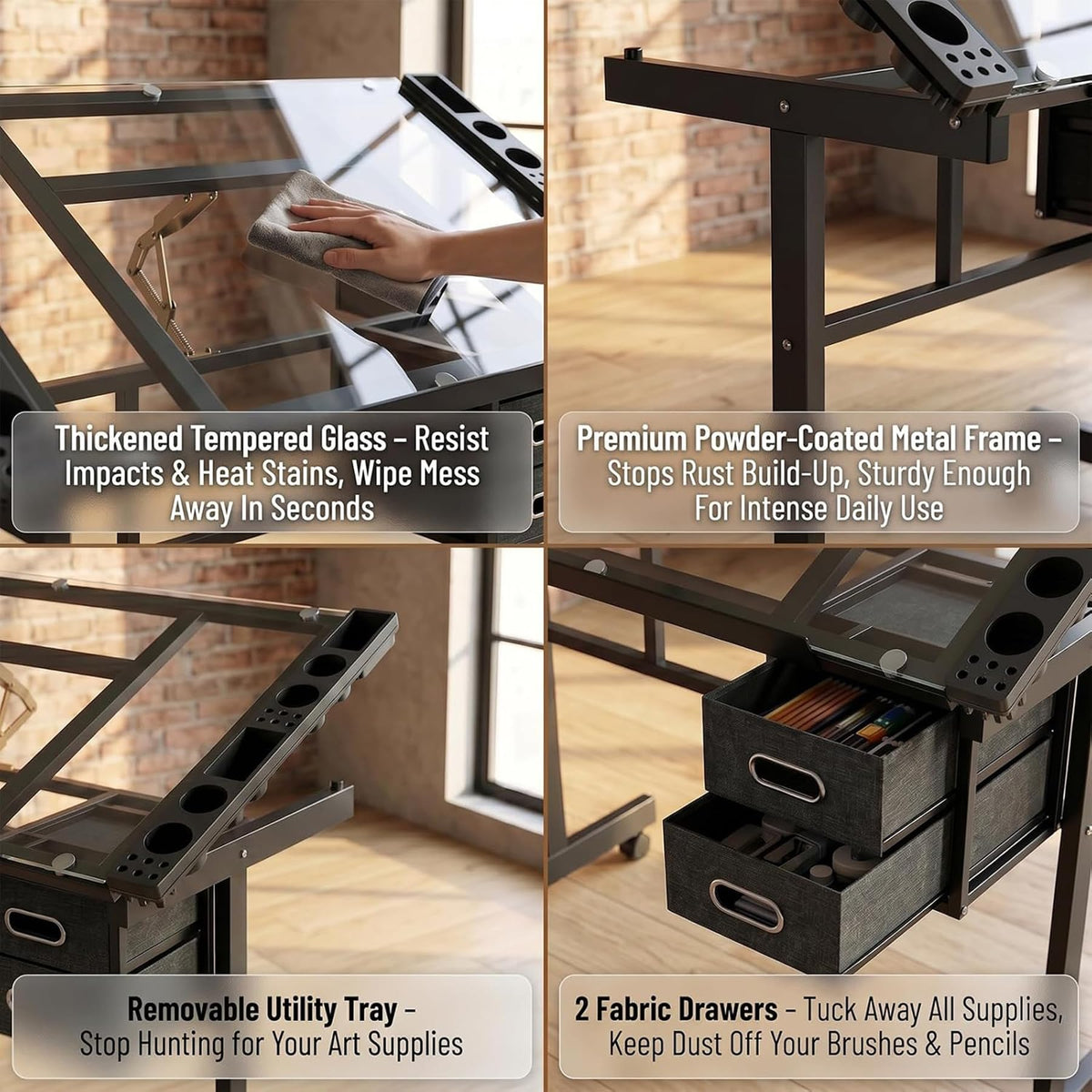 Drafting Table, Adjustable Height Drawing Table Art Table Painting Table Art Craft Desk with 0-75Â° Tilting Glass Tabletop and Storage Drawers, Black