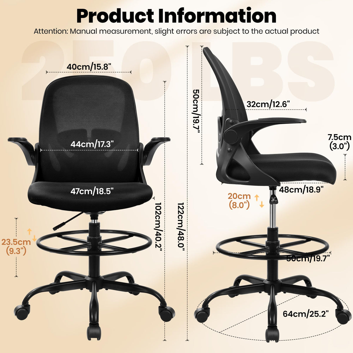 Drafting Chair Tall Office Chair with Flip-up Armrests, Adjustable Height, and Enhanced Lumbar Support - Ergonomic Rolling Stool, Back Support, and Adjustable Foot Rest Ring for Standing Desk White