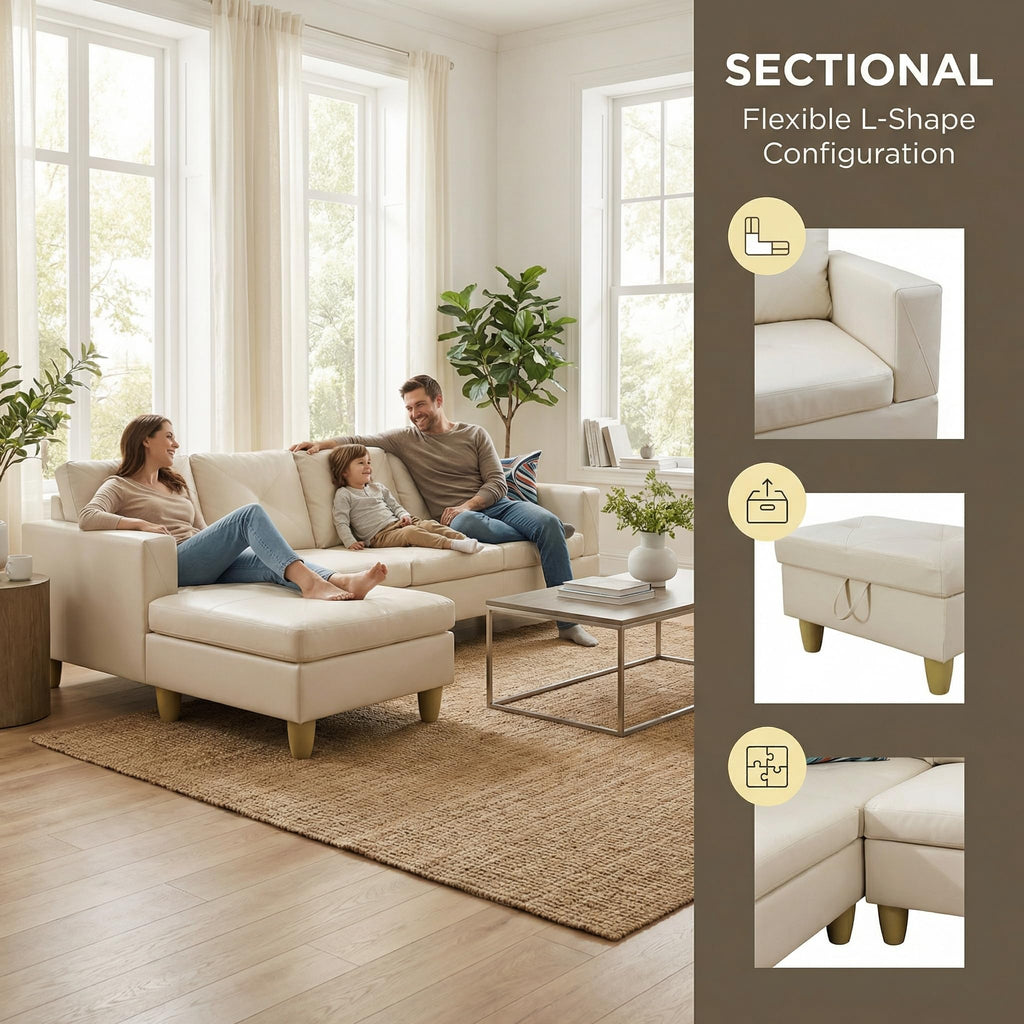 97.5" L-Shaped Modular Sectional Sofa with Movable Chaise & Storage Ottoman, 3 Piece Convertible Leather Couch, 4 Seat Gloss Black Living Room Furniture Set for Apartment Home Office