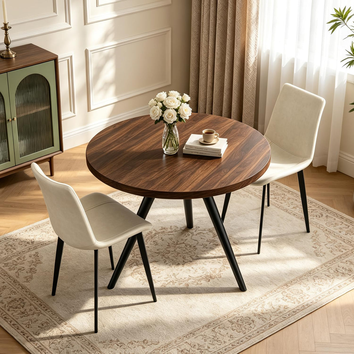 34.6" Round Dining Table Set for 4, Modern Kitchen Coffee Table Set, Walnut