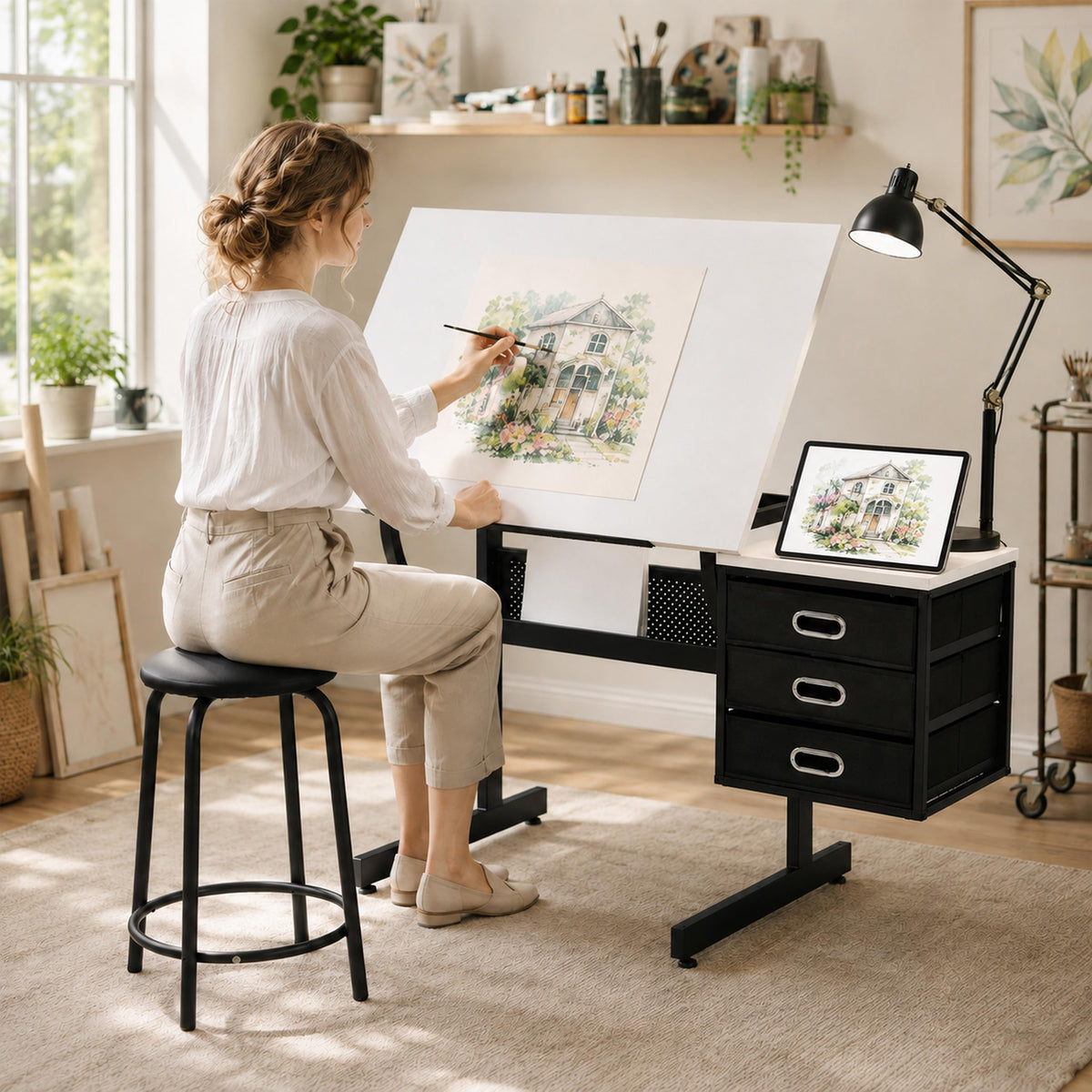 Artist Desks, Drafting Table with Stool & 3 Storage Drawersï¼Black