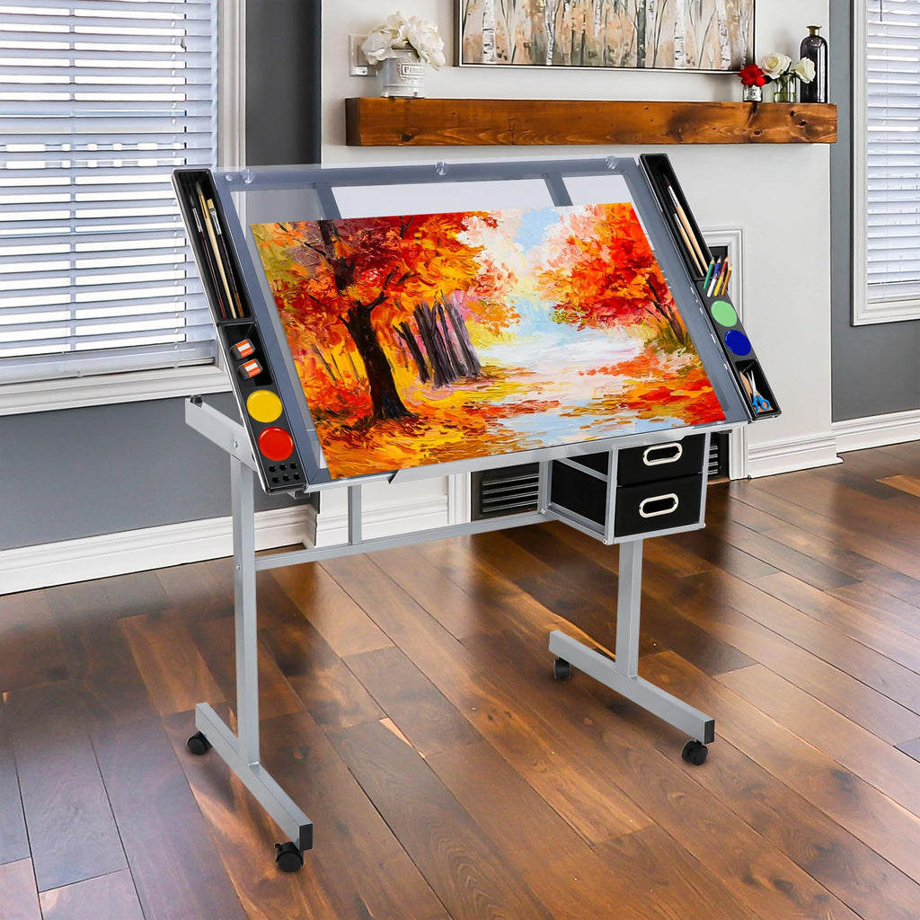 NOVA MICRODERMABRASION Adjustable Height Drafting Desk Drawing Table Tiltable Tabletop for Reading, Writing Art Craft w/Stool and Drawers