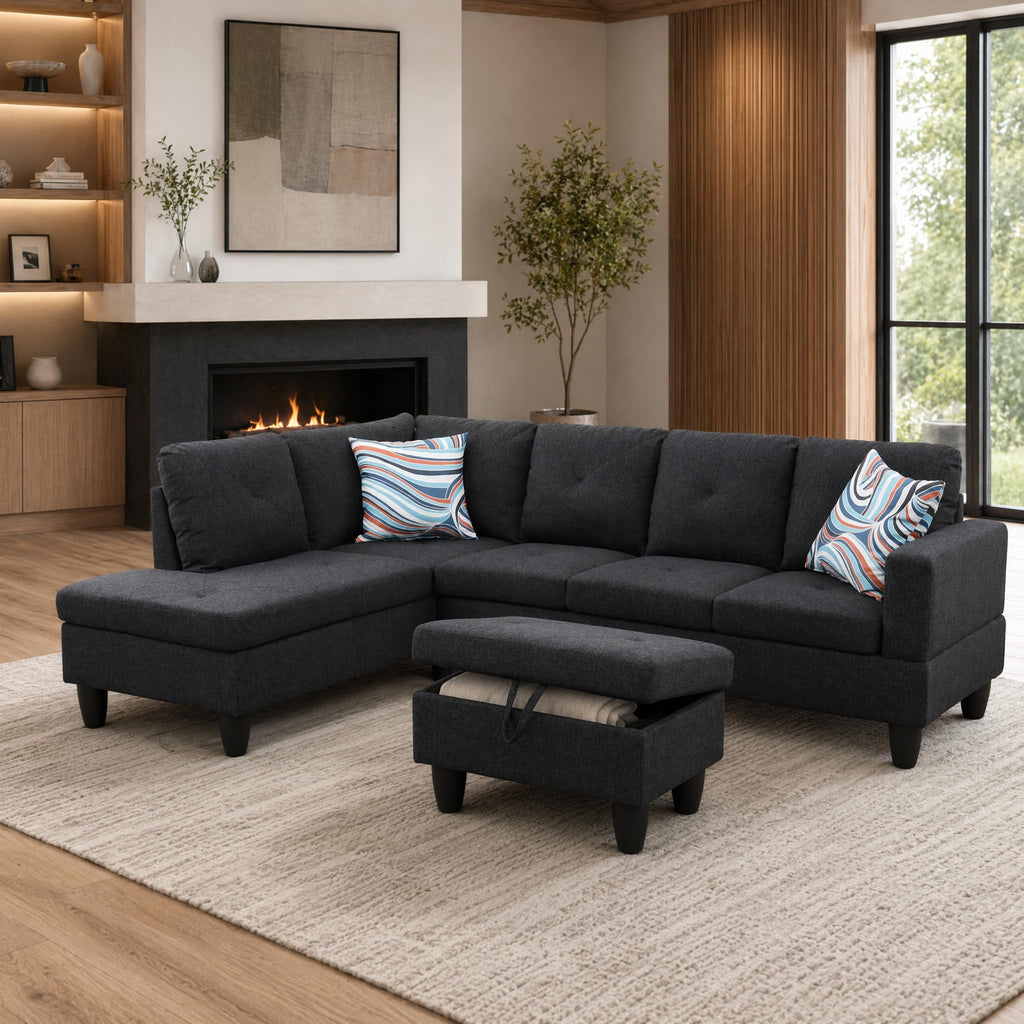97.5" Leather L Shaped Couch with Left Chaise & Cup Holder, Sectional Sofas Modular Furniture Set with Storage Ottoman, Convertible Couches for Living Room, Office & Small Space (Black)