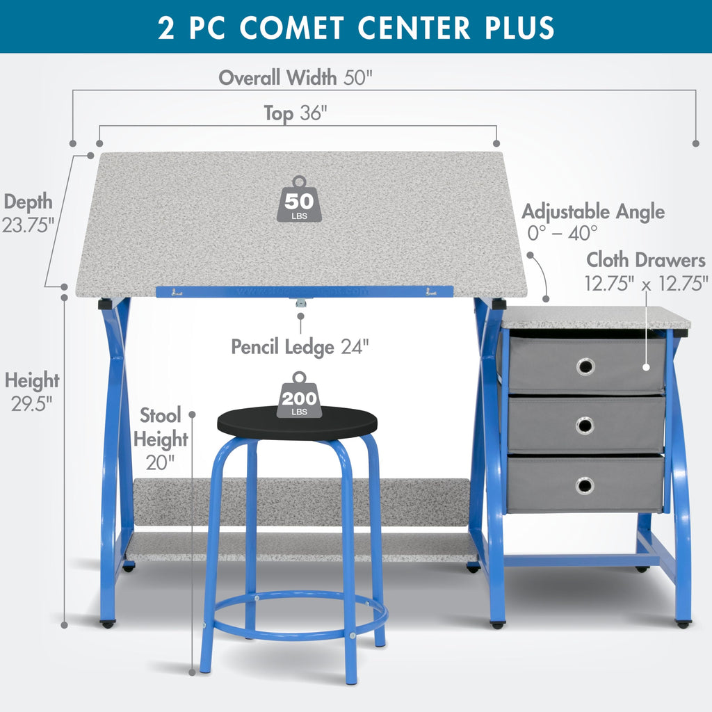 SD Studio Designs 2 Piece Comet Center Plus, Craft Table and Matching Stool Set with Storage and Adjustable Top, Silver/Black