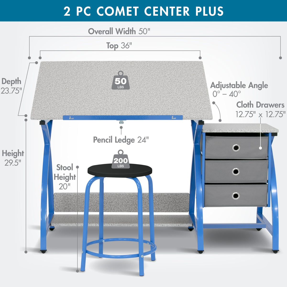 SD Studio Designs 2 Piece Comet Center Plus, Craft Table and Matching Stool Set with Storage and Adjustable Top, Silver/Black