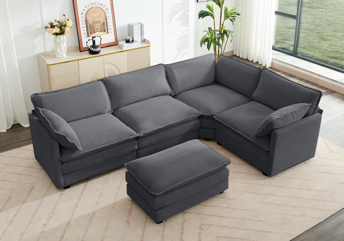 ROWHY 41'' Single Armchair with Ottoman, Modern Corduroy Cloud Couch with Convertible Chaise, Upholstered Sofa Set for Living Room, Green
