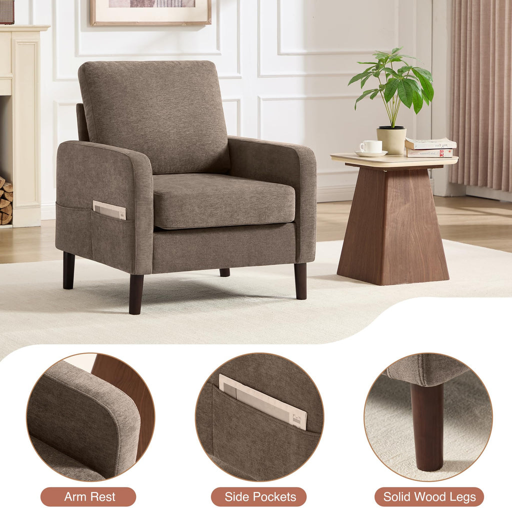Accent Chair Set of 2, Upholstered Living Room Chairs with Wood Legs and Side Pockets, Modern Reading Chair for Bedroom, Armchair Single Sofa Side Chair for Office, Small Room, Dark Grey