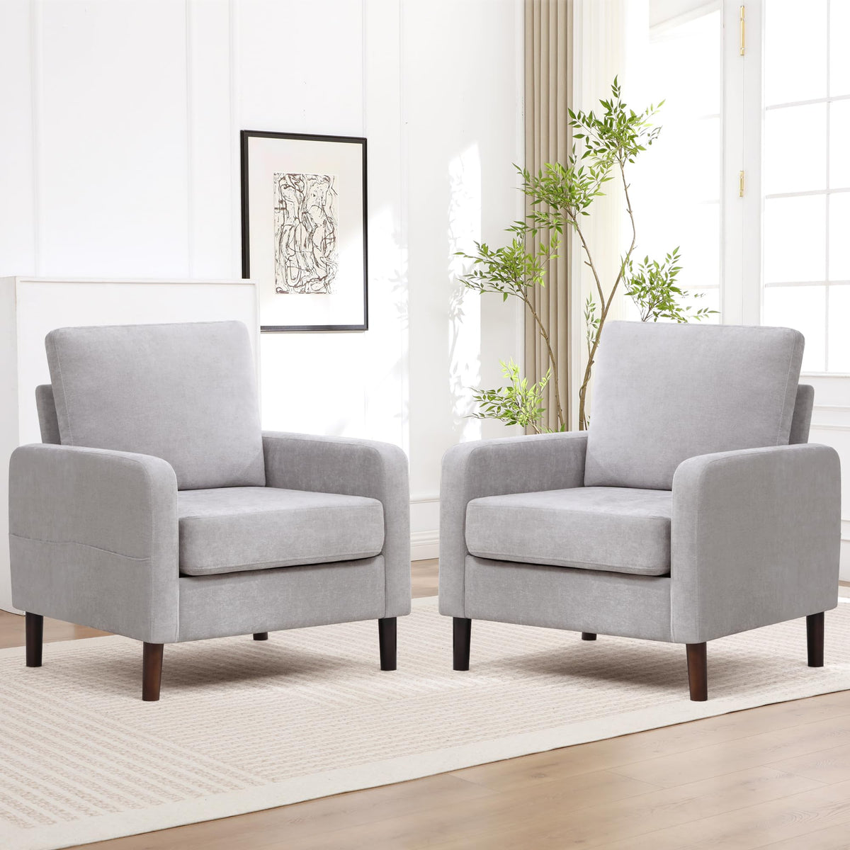 Accent Chair Set of 2, Upholstered Living Room Chairs with Wood Legs and Side Pockets, Modern Reading Chair for Bedroom, Armchair Single Sofa Side Chair for Office, Small Room, Dark Grey