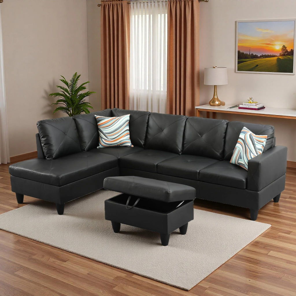 97.5" L-Shaped Modular Sectional Sofa with Movable Chaise & Storage Ottoman, 3 Piece Convertible Leather Couch, 4 Seat Gloss Black Living Room Furniture Set for Apartment Home Office