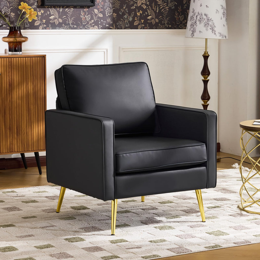 VINGLI Faux Leather Accent Chairs Set of 2 with Gold Legs for Living Room