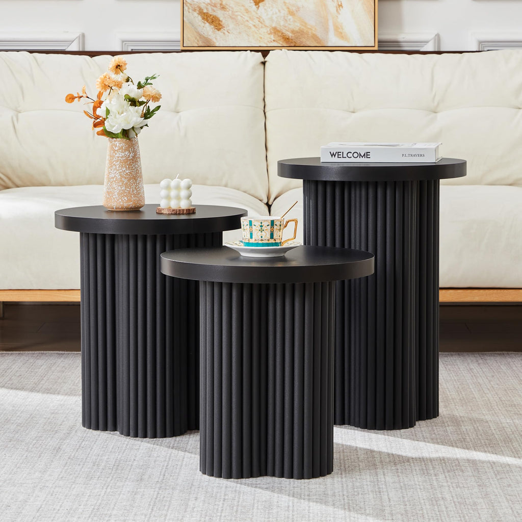 Round Nesting Coffee Table Set of 3 Fluted Coffee Table (Natural)