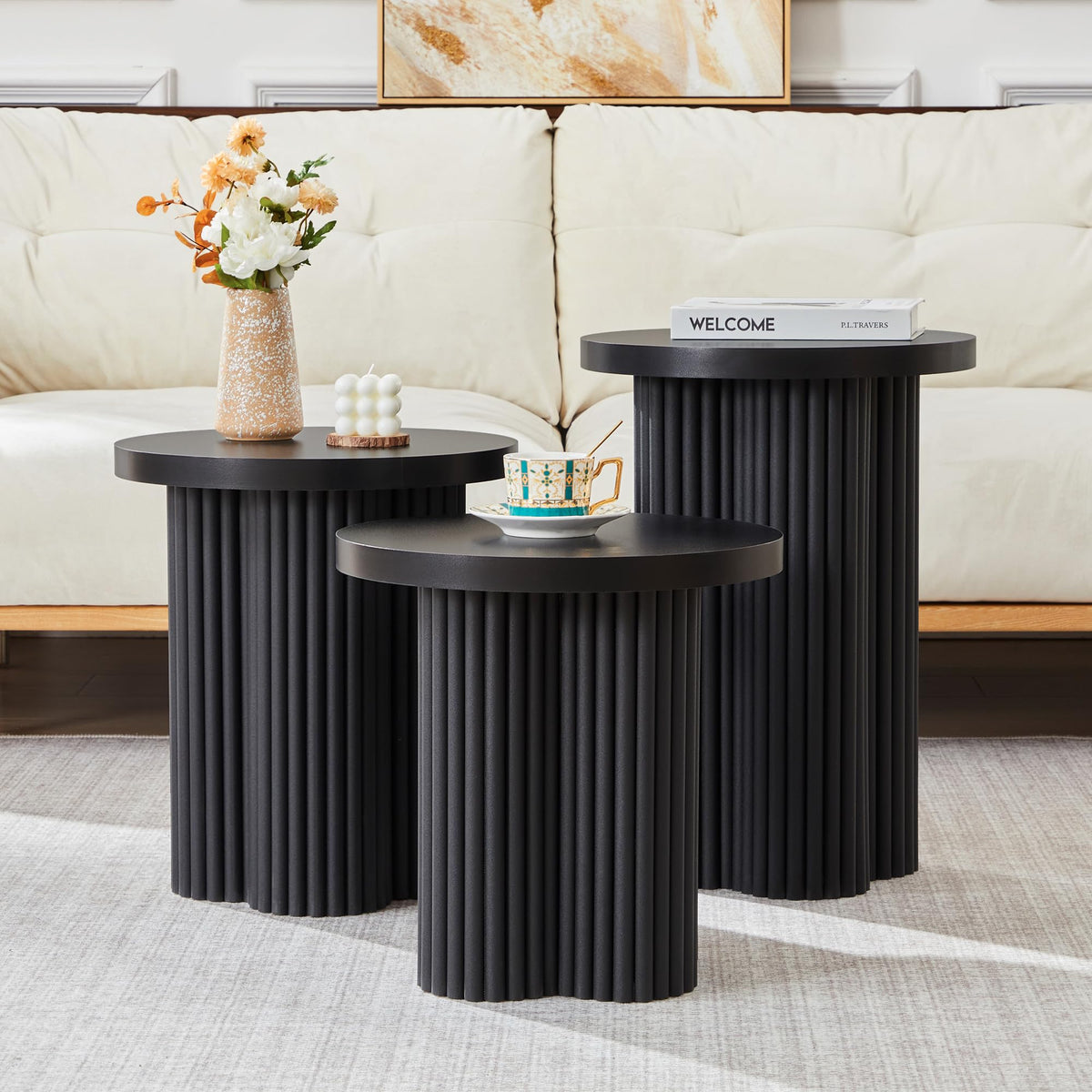 Round Nesting Coffee Table Set of 3 Fluted Coffee Table (Natural)