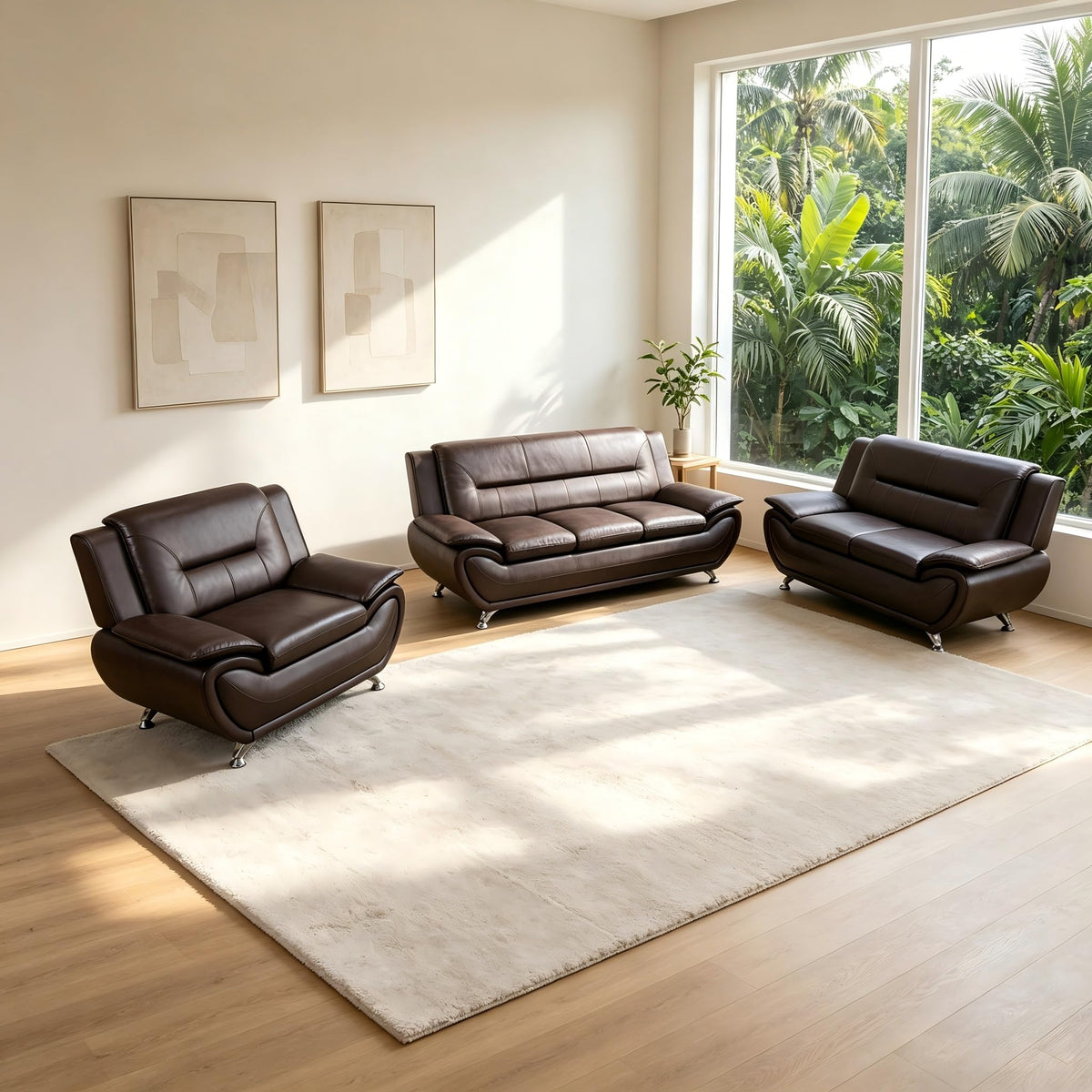 Creamy White Living Room Furniture Set, 2-Piece Modern Faux Leather Couches for Home, Living Room Sofa Sets, 3-Seater Sofa and Loveseat with Metal Feet, Couch Set for Bedroom, Hotel, Office