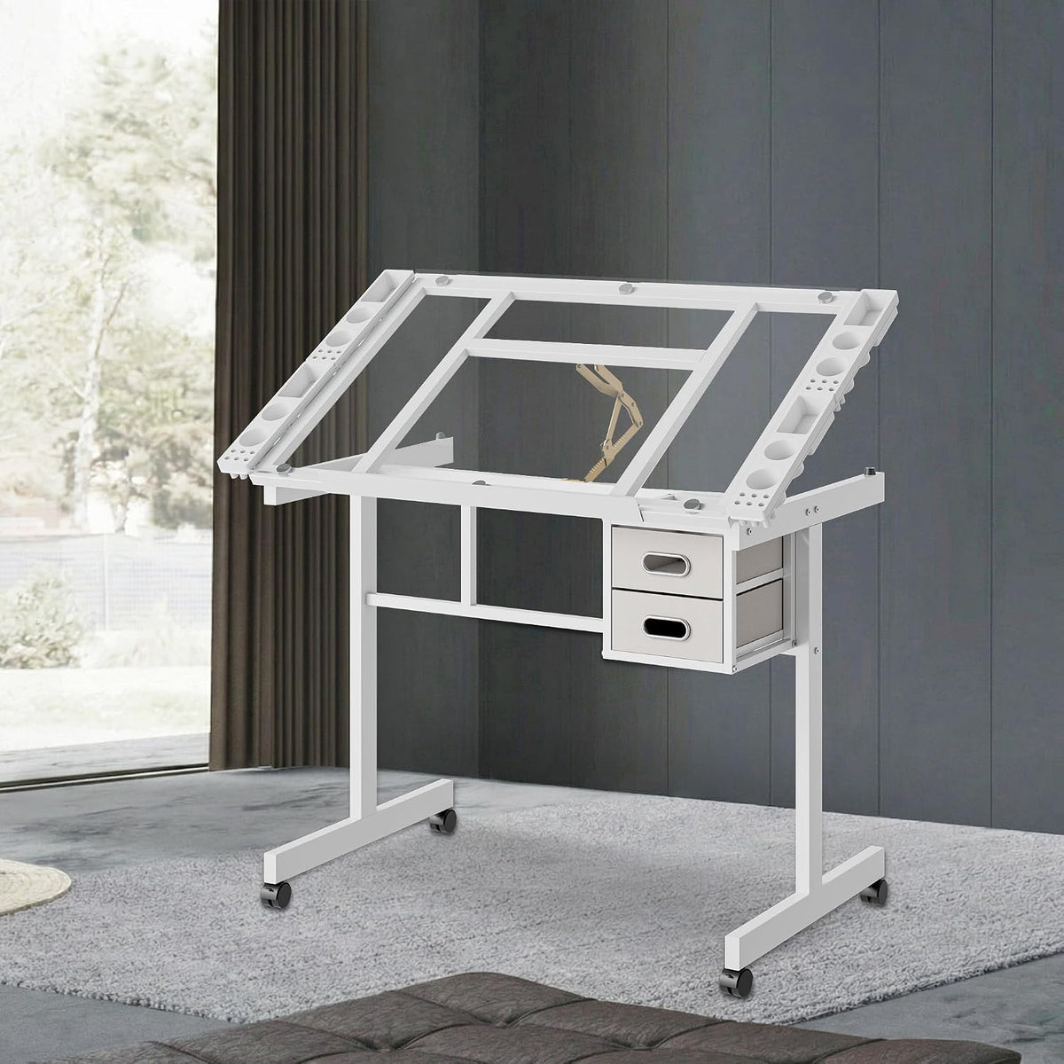 Drafting Table with Storage, Art Desk for Drawing Crafting, Adjustable Glass Top 0-70Â°, 2 Drawers & Wheels, Multifunctional Art Table for Home Office (White)