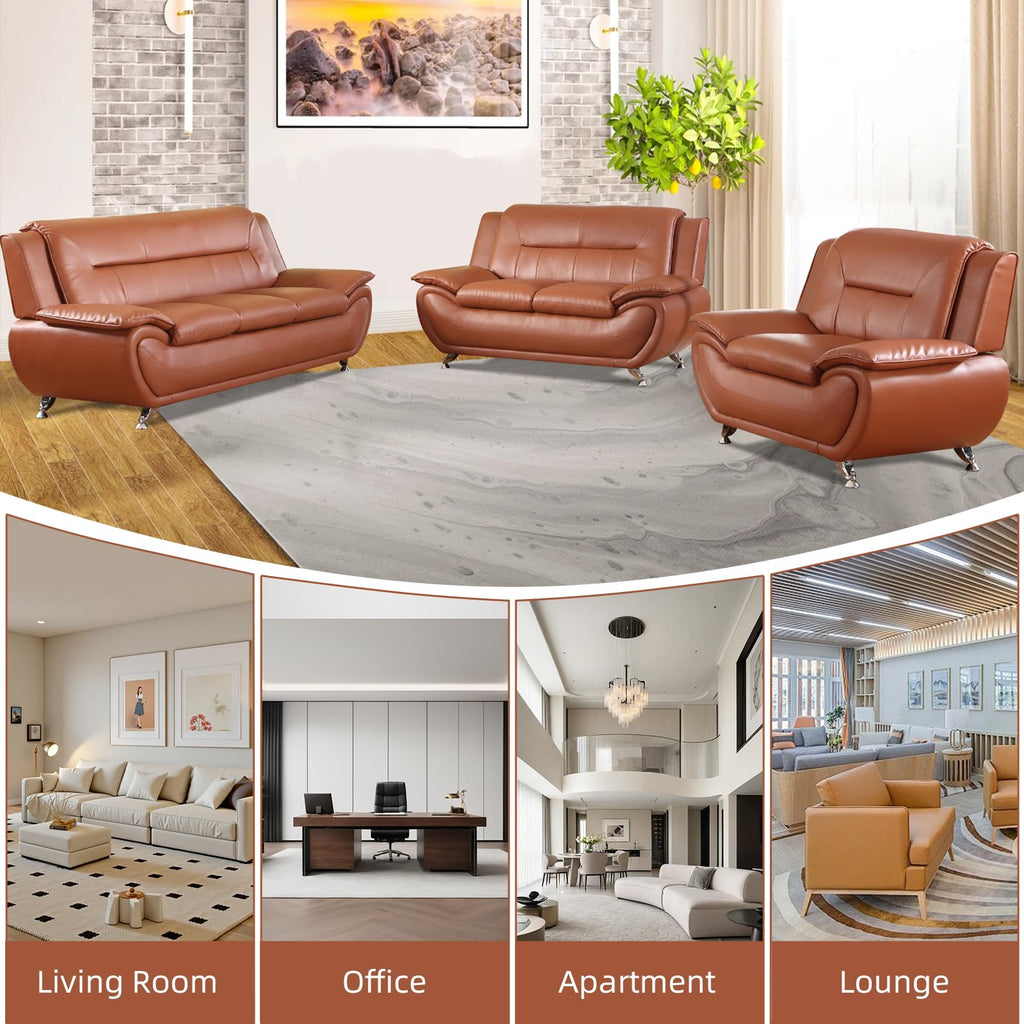 Modern Leather Sofa Set, Living Room Furniture, 3 - Piece Couch Set, Faux Leather Couch Loveseat Chair Set with Sturdy Legs for Living Room/Bedroom/Office,Black