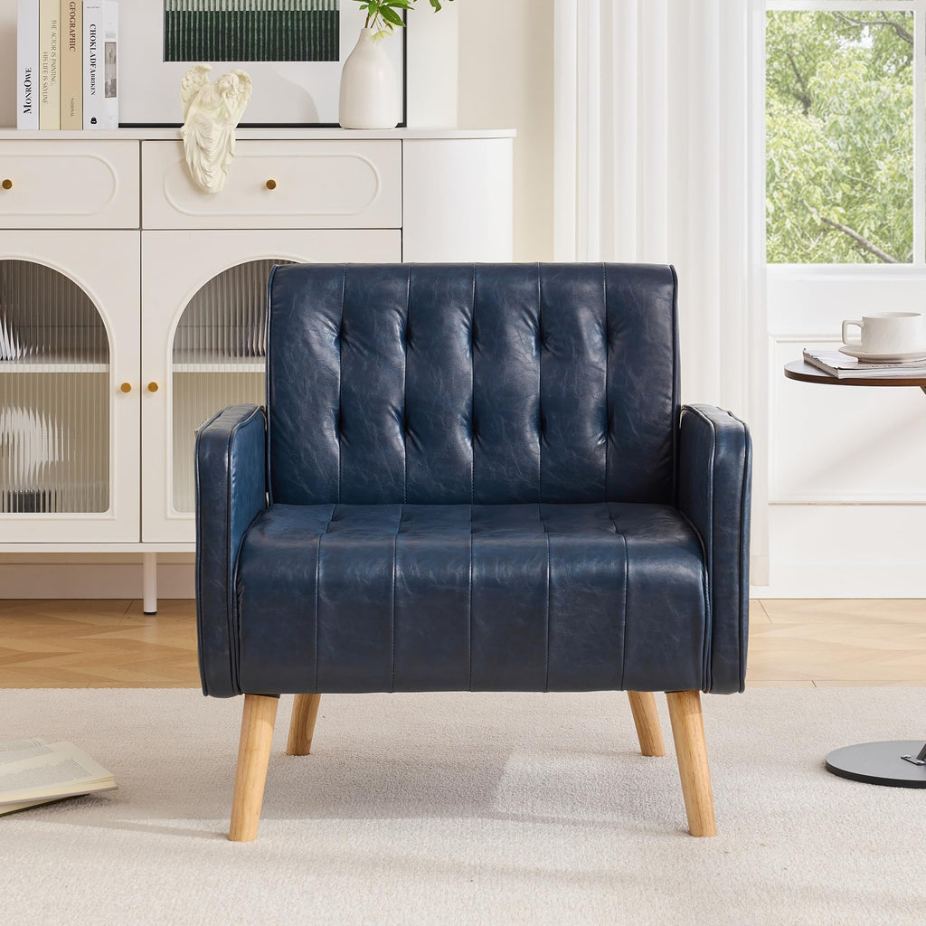 Leather Accent Chair Set of 2, Living Room Chair with Wooden Legs (Black)