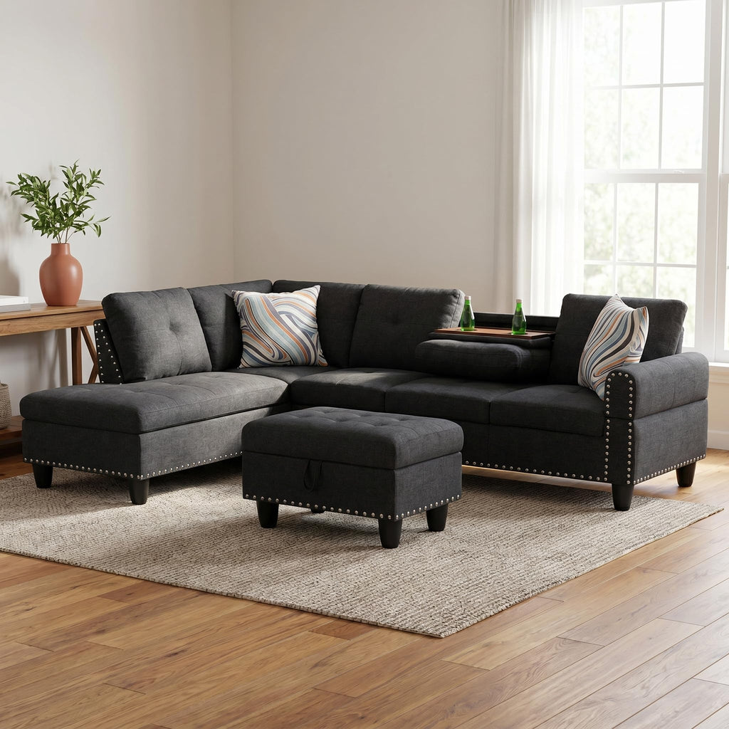 97.5" Leather L Shaped Couch with Left Chaise & Cup Holder, Sectional Sofas Modular Furniture Set with Storage Ottoman, Convertible Couches for Living Room, Office & Small Space (Black)