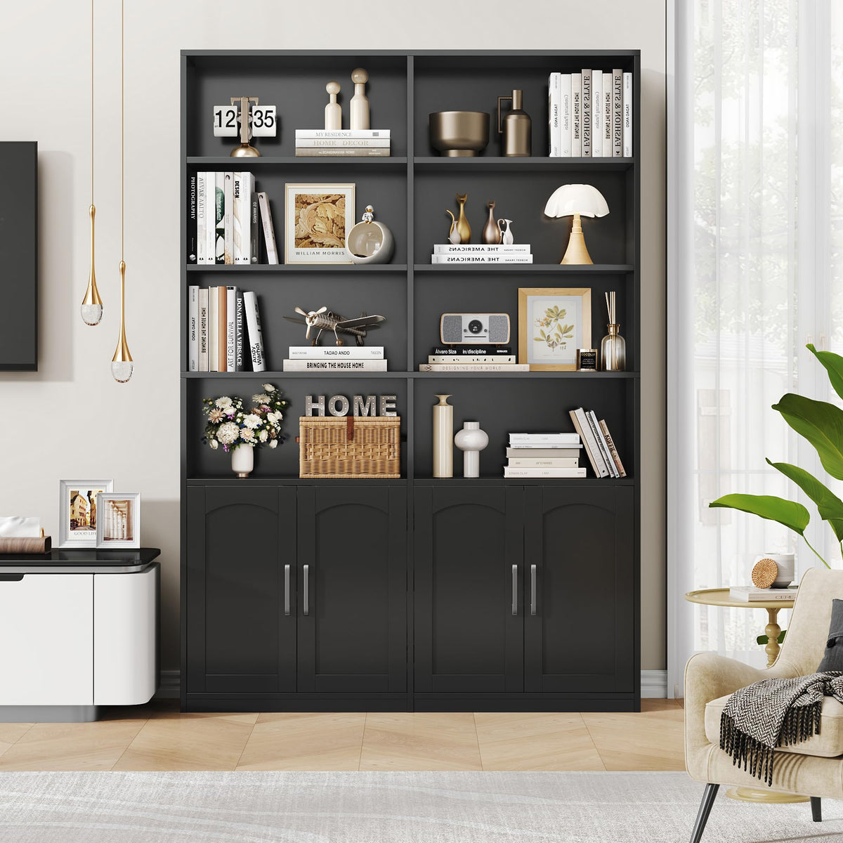 FACBOTALL Bookshelf and Bookcase with Doors, Double Wide Large Bookshelves