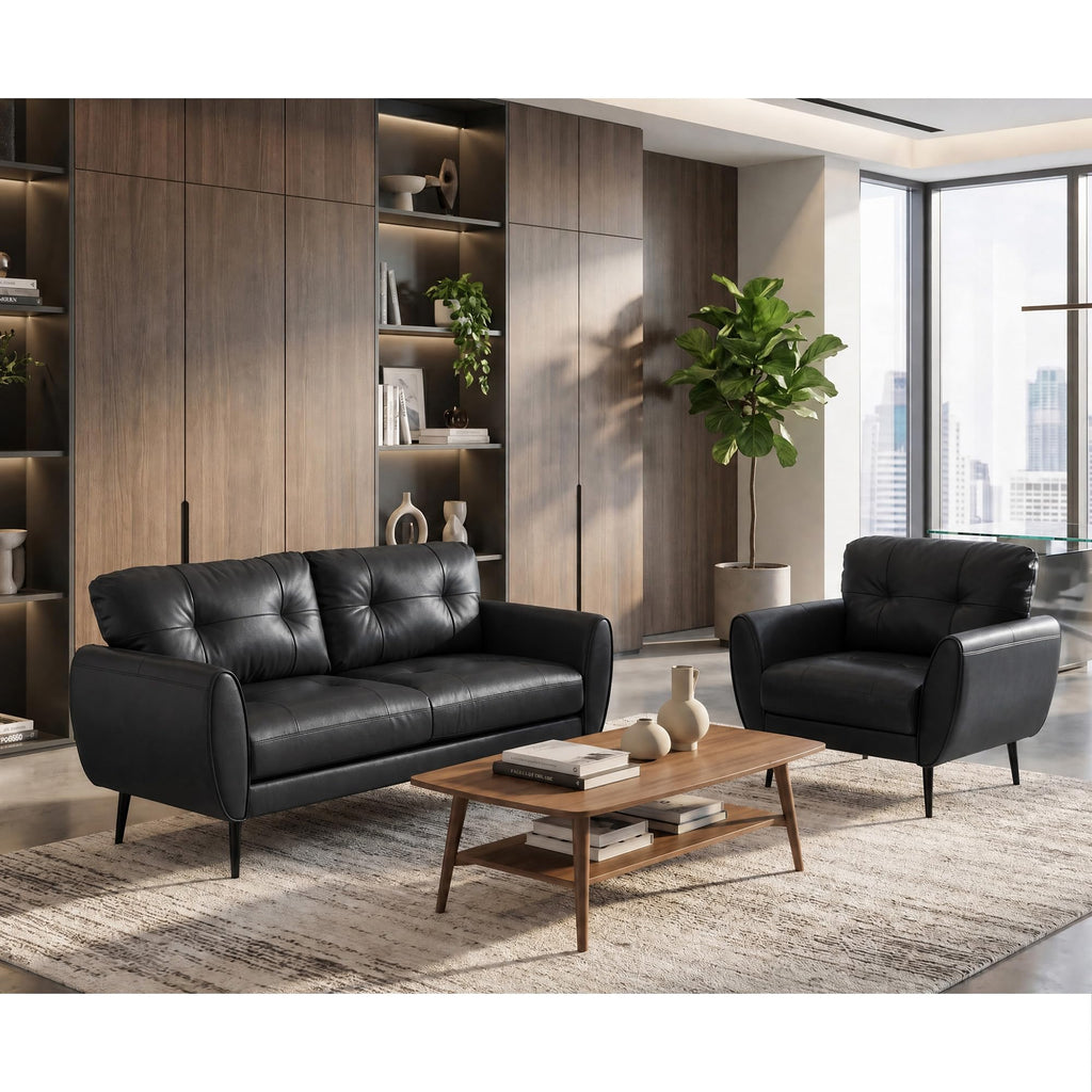 61'' Small Leather Loveseat and Chair, 3 Piece Living Room Sets, Black