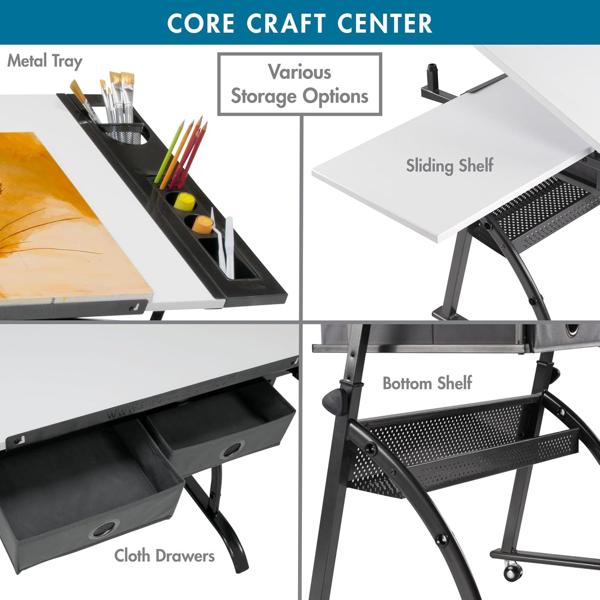 SD Studio Designs Core 2 Pc Craft Center - 35.5" W Angle Adjustable Drafting Table with Cloth Drawers, Side Shelf and Stool