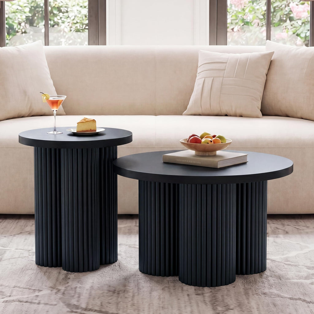 Round Nesting Coffee Table Set of 3 Fluted Coffee Table (Natural)
