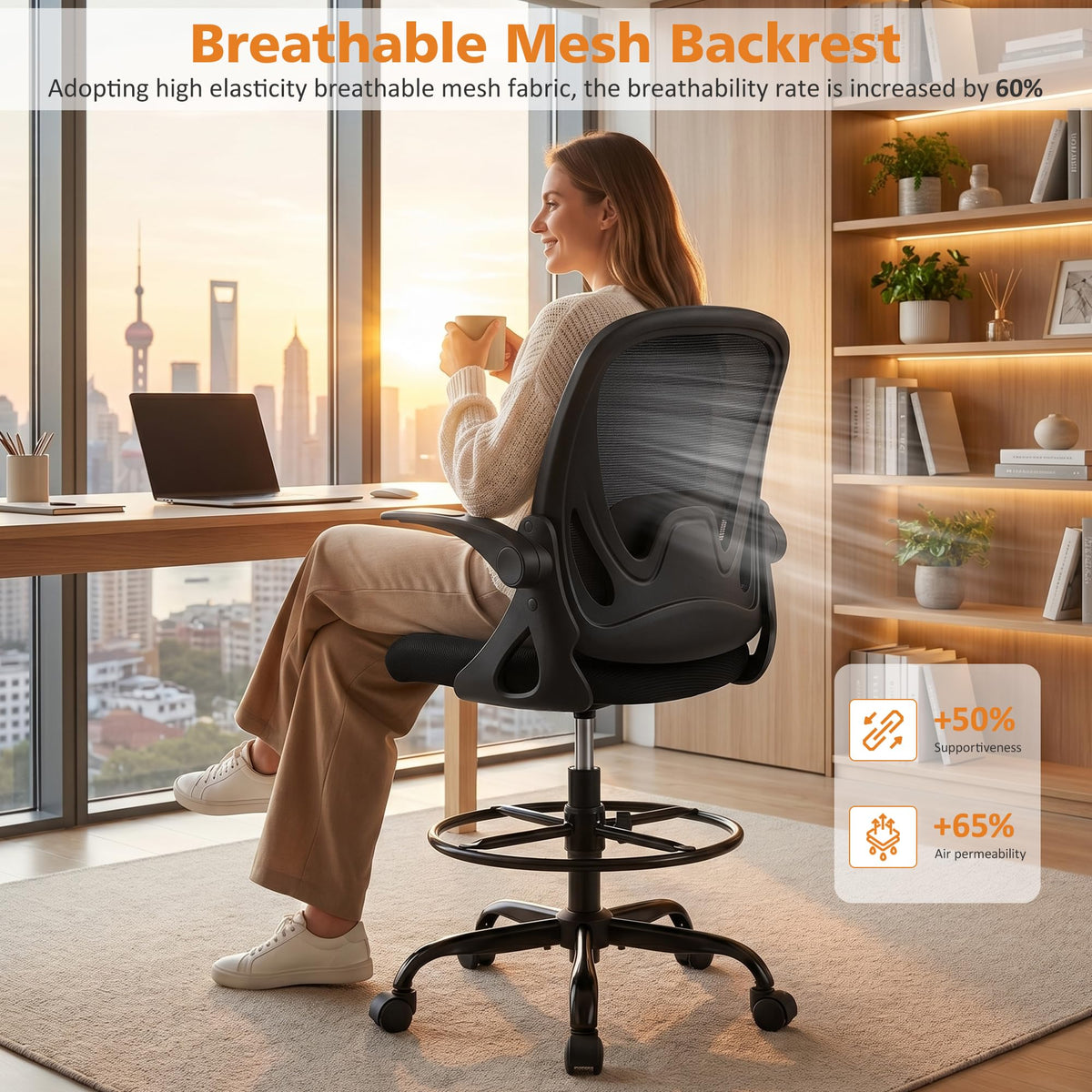 Drafting Chair Tall Office Chair with Flip-up Armrests, Adjustable Height, and Enhanced Lumbar Support - Ergonomic Rolling Stool, Back Support, and Adjustable Foot Rest Ring for Standing Desk White