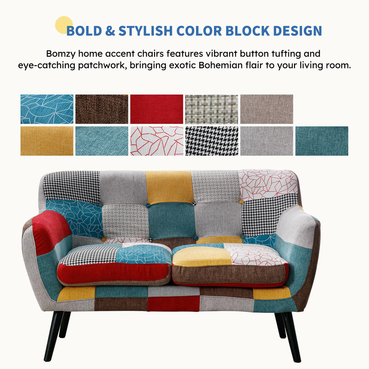 Bonzy Home Modern Colorful 2 Piece Coroful Fabric Sofa Set, Included Accent Chairs and Boho Loveseat Sofa, Linen Patchwork Plaid Couches with Rubberwood Legs and Removable Upholstered for Living Room