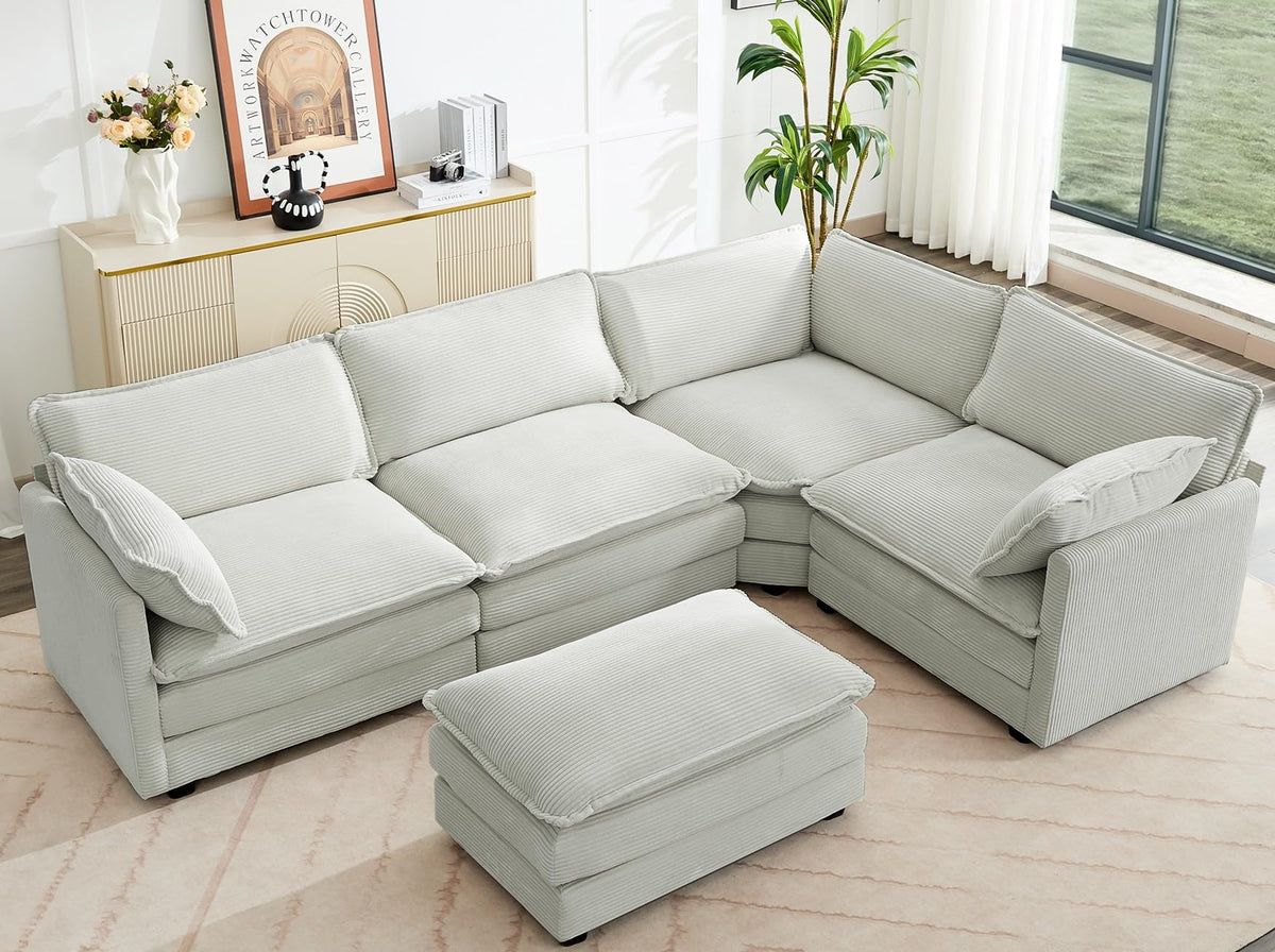 ROWHY 41'' Single Armchair with Ottoman, Modern Corduroy Cloud Couch with Convertible Chaise, Upholstered Sofa Set for Living Room, Green