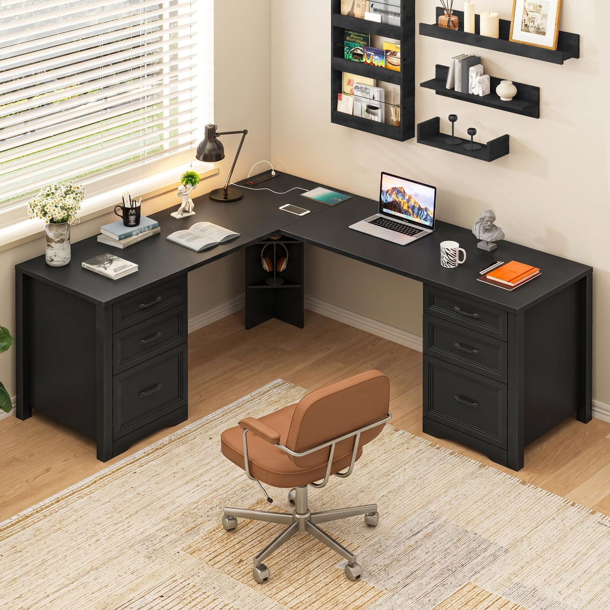 Halitaa Farmhouse Home Office Desk with 6 Drawers, L Shaped Executive Desk with Power Outlets and Triangle Under-Desk Storage Shelf & Drawer File Cabinet, Corner Computer Desk, Grey