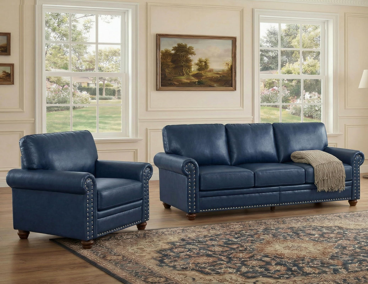 2 Piece Couch Sets for Living Room,Mid Century Modern Couch with Storage Nailhead Trim & Rolled Armrests,Deep Seat Comfy Couch,Furniture Set for Living Room,Bedroom,Office(Navy Blue,Loveseat+3 Seater)